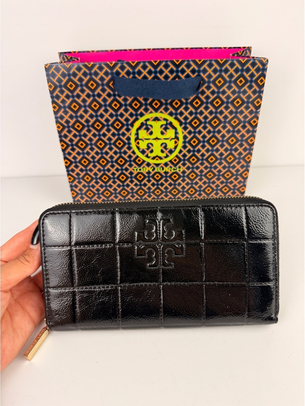 Tory Burch Marion Quilted Patent Leather Zip Around Continental Wallet Black